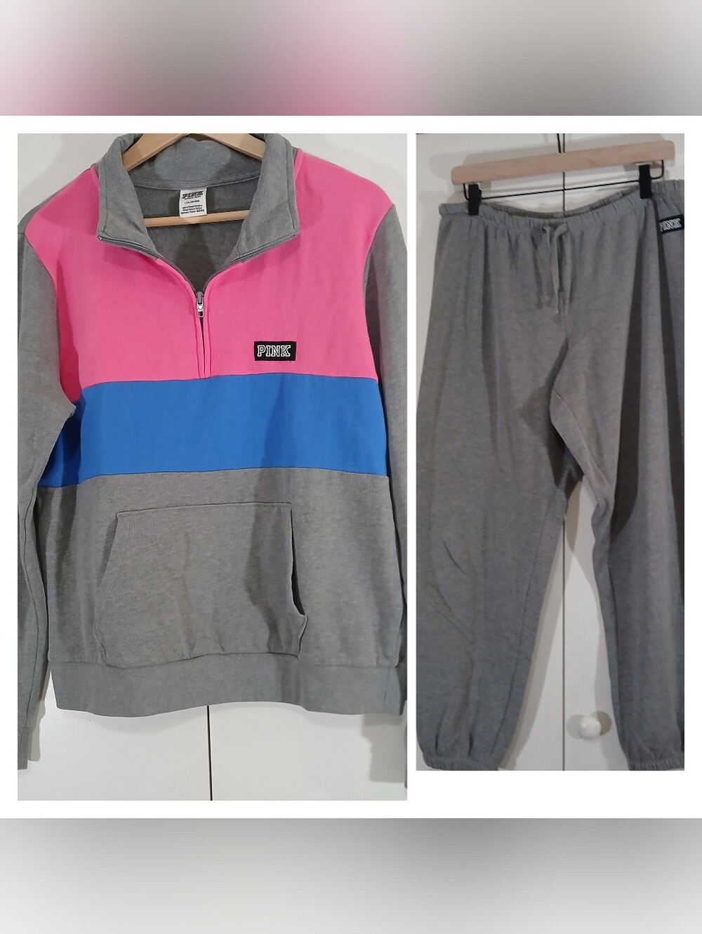 PINK Victoria's Secret Gray Blue Pink Color Block 1/4 Zip Outfit Large Retro Y2K